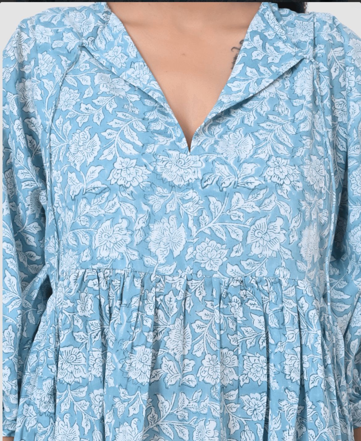 Blockprint Cotton Dress - Light Blue