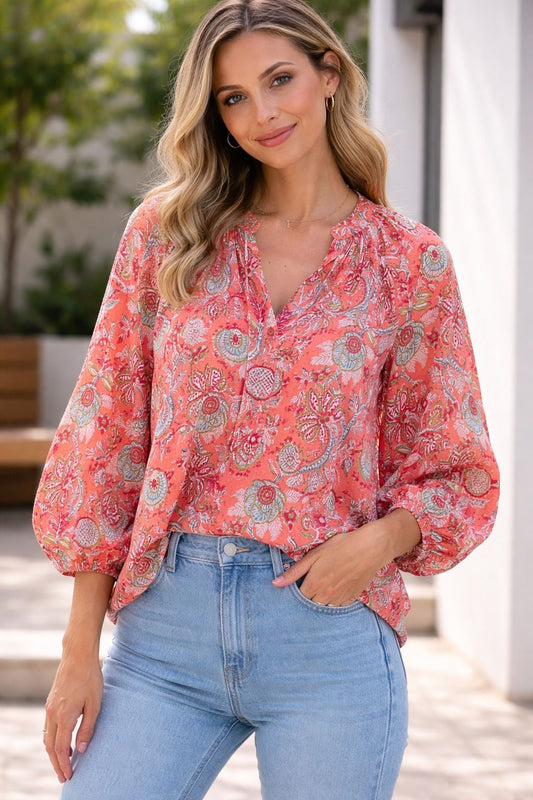 Handblock Print Straight Top - Tango