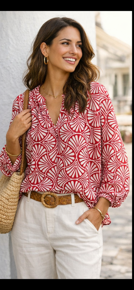 Handblock Print Straight Top - Red Top