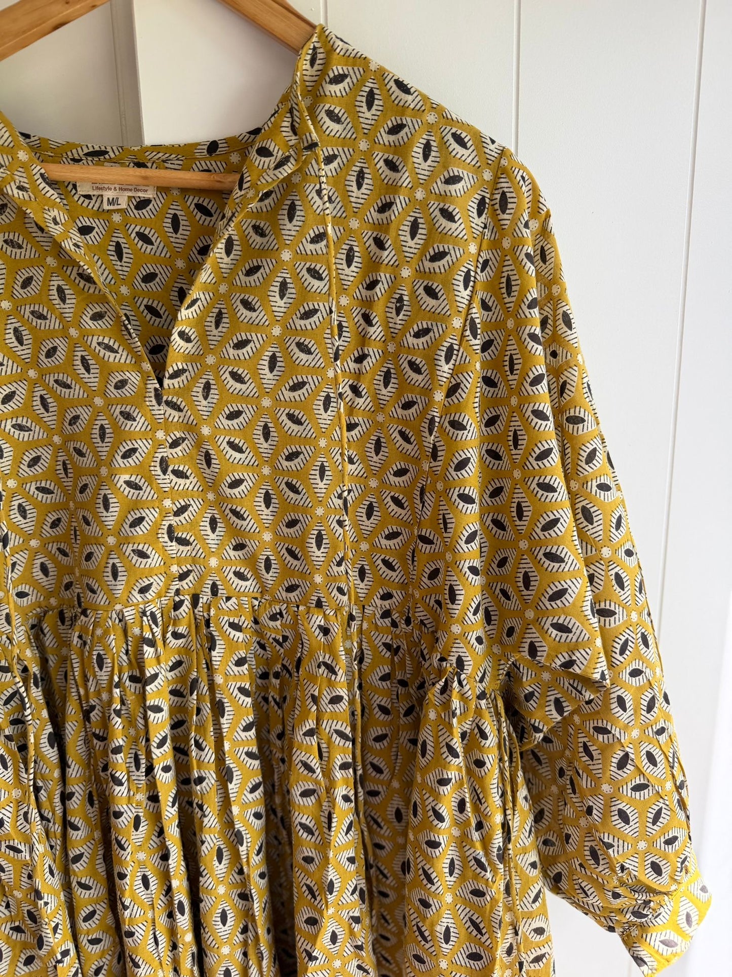 Blockprint Cotton Dress - Mustard Geomety (Short/Long)
