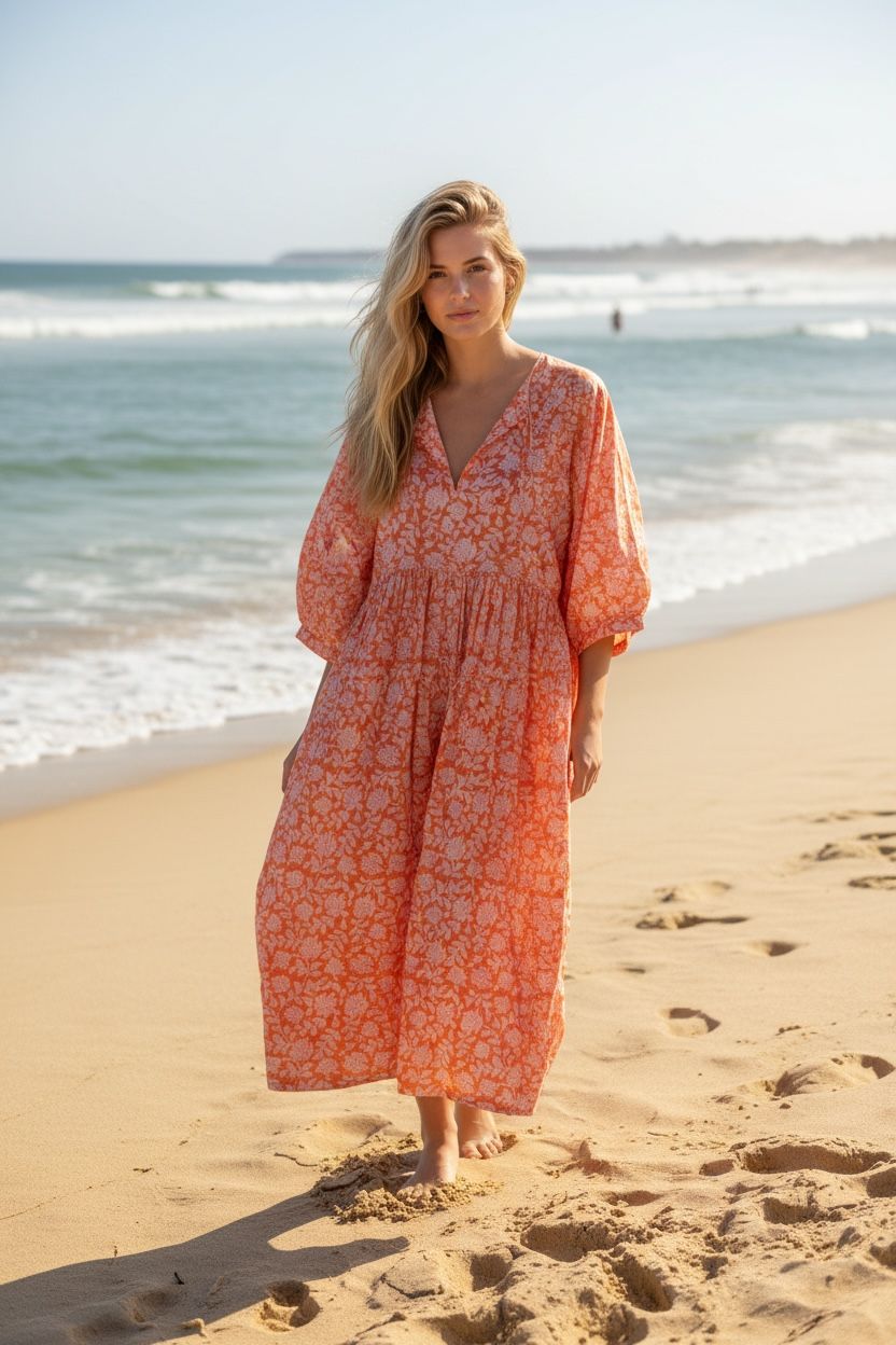 Blockprint Cotton Dress - Orange (Short/Long)