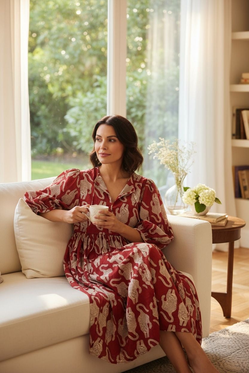 Blockprint Cotton Dress - Red Tiger
