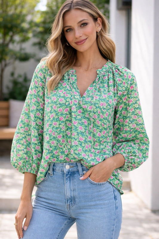 Handblock Print Straight Top - Seagreen