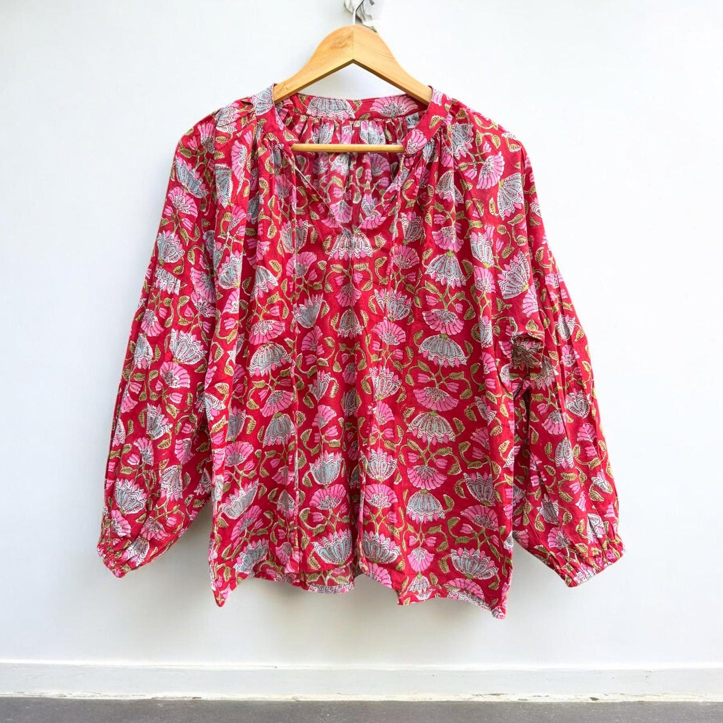 Handblock Print Straight Top - Red Lotus