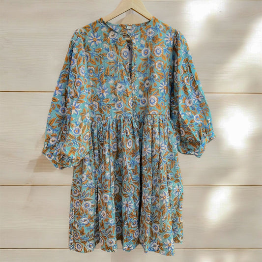 Blockprint Cotton Dress - Aqua
