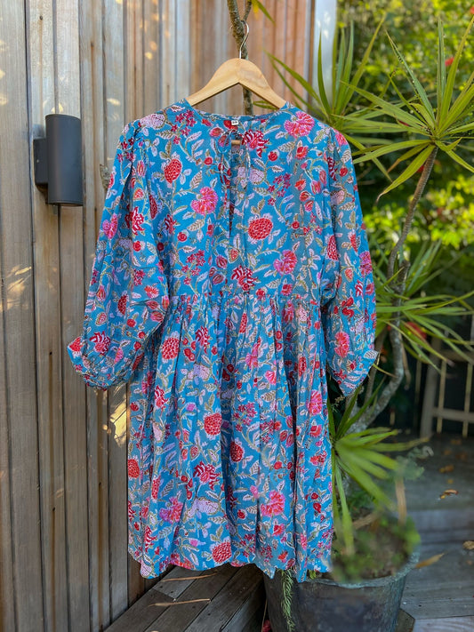 Blockprint Cotton Dress -  Blue